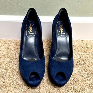 Women’s YSL Palais 80 Open Toe Pump, indigo suede, size 7.5